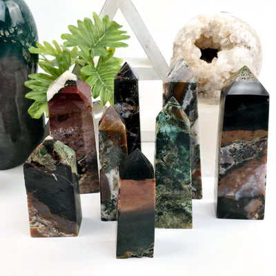 Ocean Jasper Polished Tower - You Choose - all variants with props and plants in the background