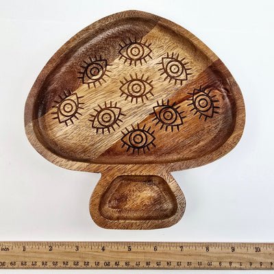 Mango Wood Evil Eye Mushroom Tray with ruler for size reference