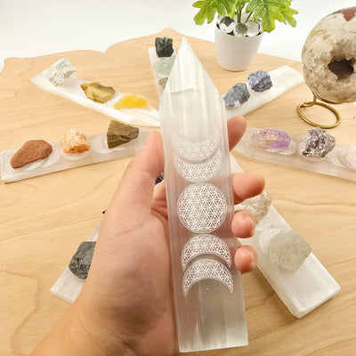 Selenite Charging Plate Engraved with Flower of Life Moon Phase Design -  8" Pointed Stick - one in hand for size reference with others used as charging plates for assorted rough crystals in the background with props and plants