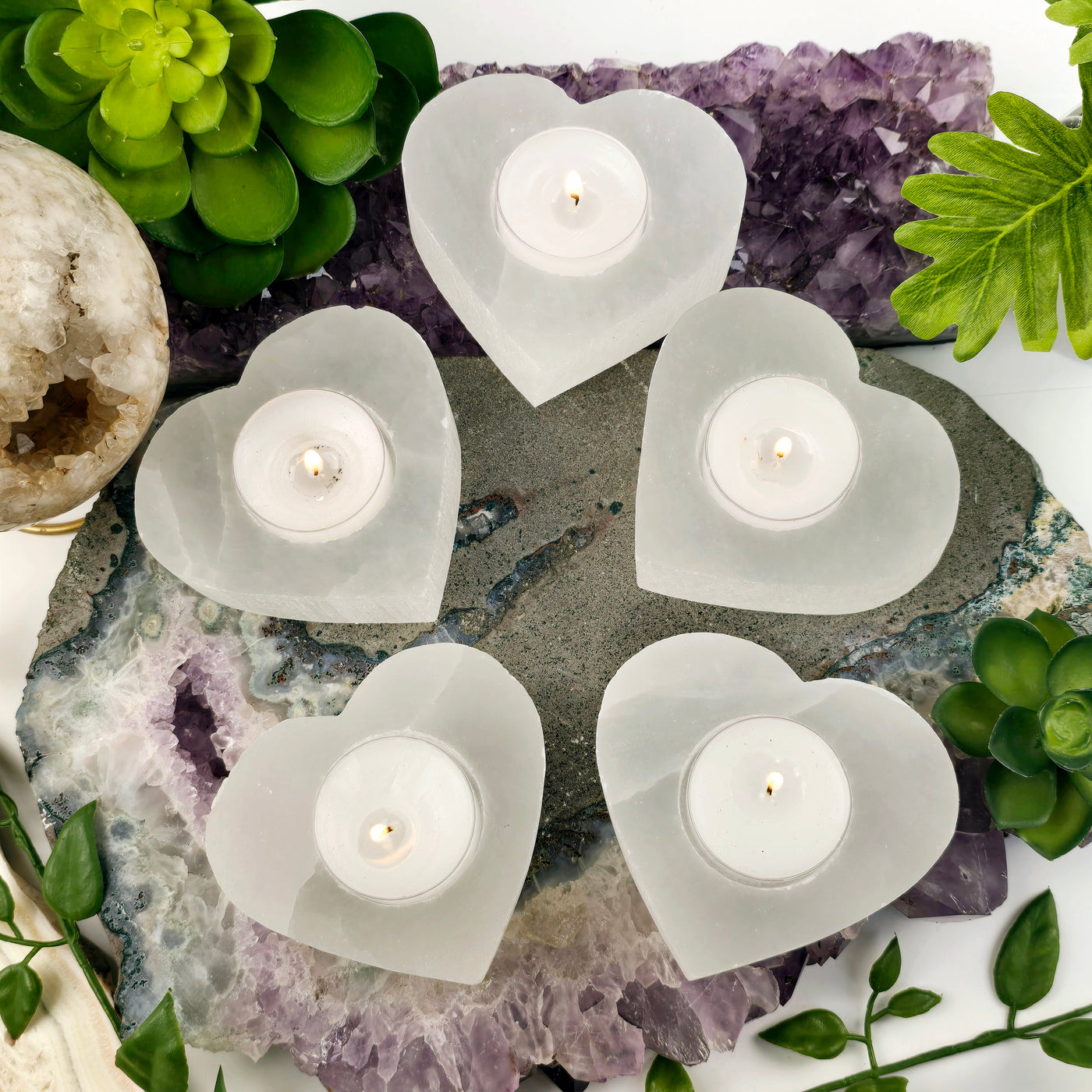 Smaller Selenite Heart Shaped Candle Holder top view