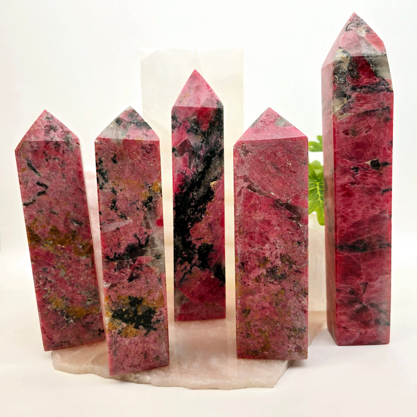 Rhodonite Polished Crystal Tower - You Choose all variants front view on stone platter with props and plants in the background