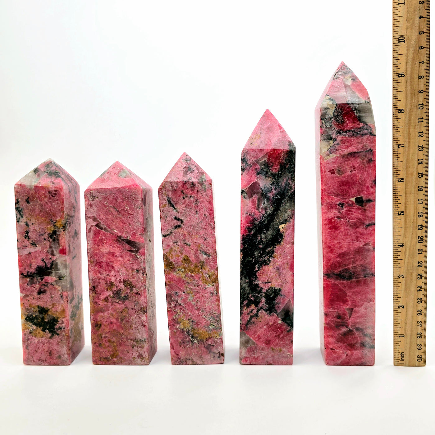 Rhodonite Polished Crystal Tower - You Choose all variants front view with ruler for size reference