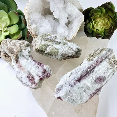 Pink Tourmaline Crystals on Aquamarine Matrix - You Choose #3 all variants top view on stone platter with plants and props in the background