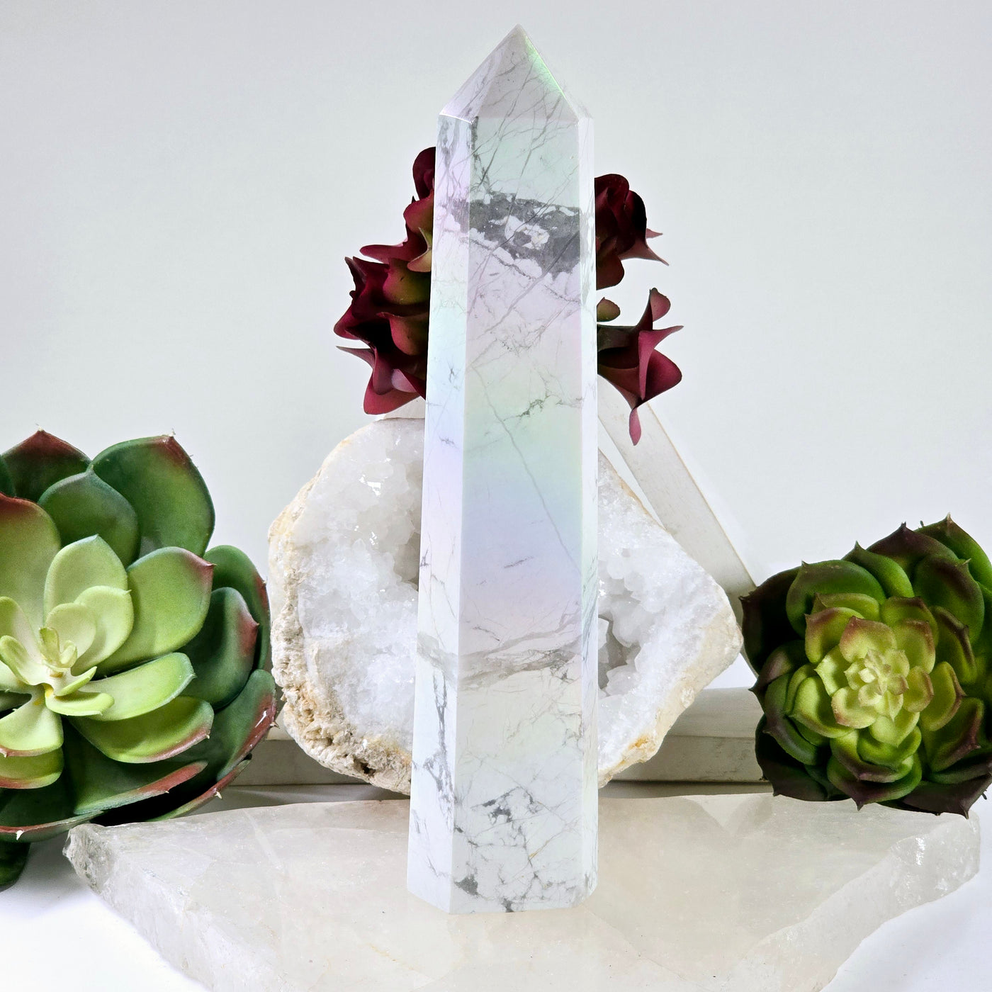 White Howlite Aura Crystal Obelisk #2 front view