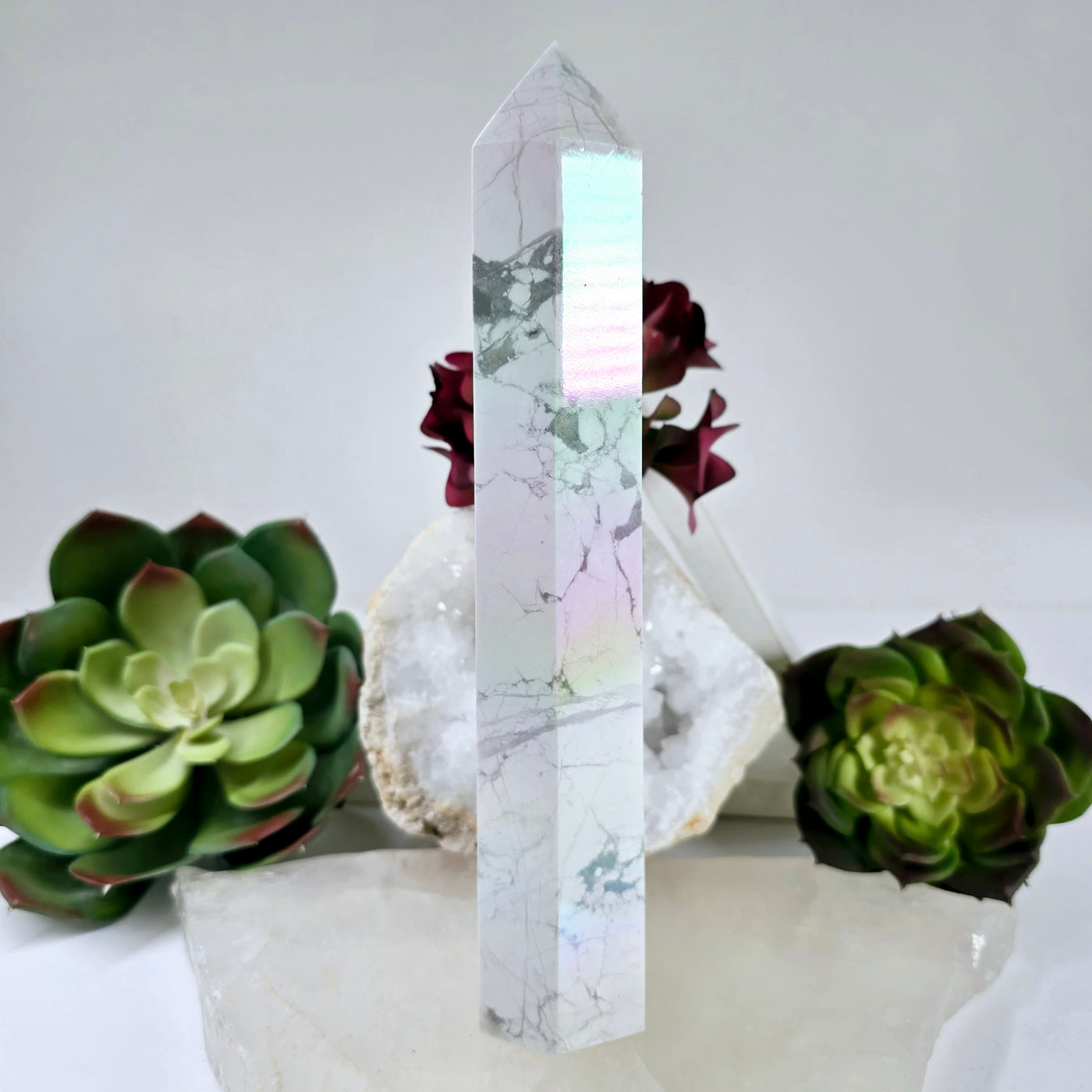 White Howlite Aura Crystal Obelisk #2 side view