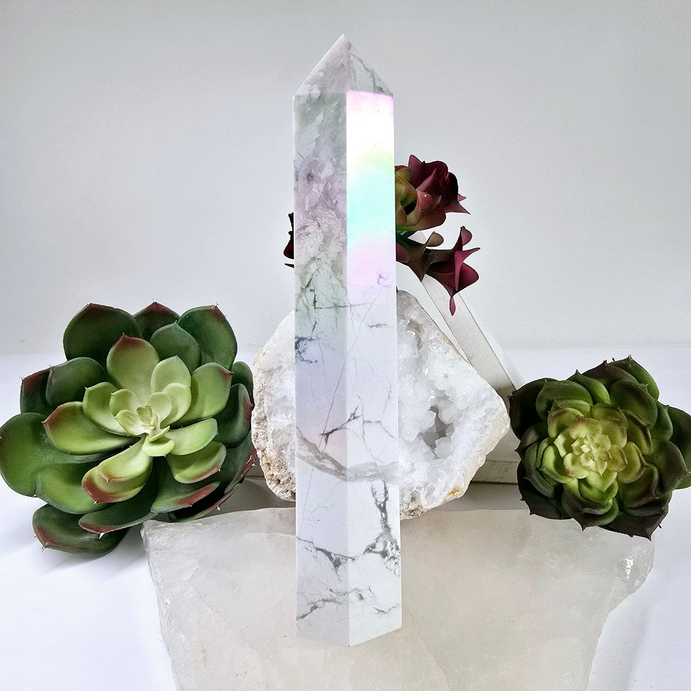 White Howlite Aura Crystal Obelisk #2 side view