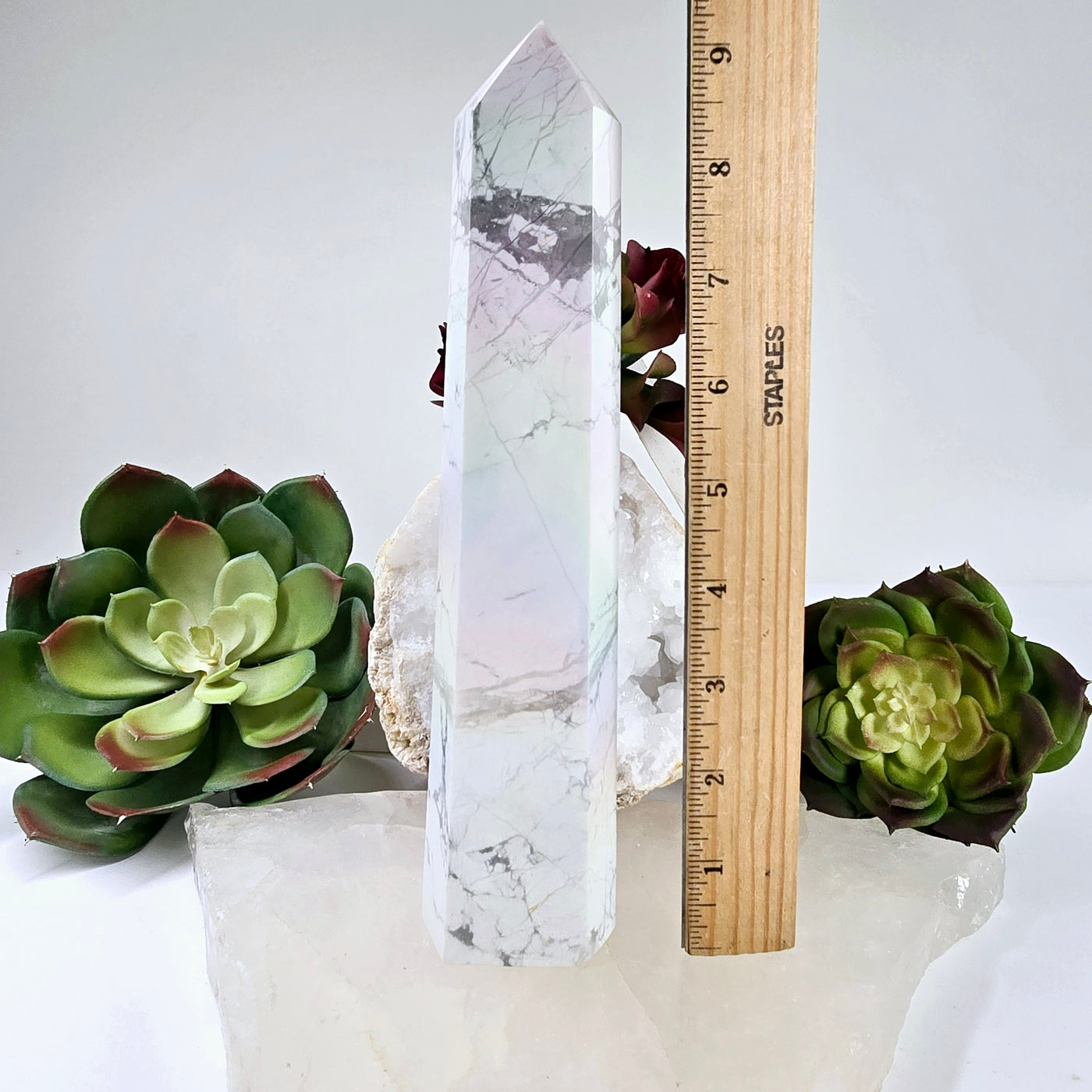 White Howlite Aura Crystal Obelisk #2 with ruler for size reference