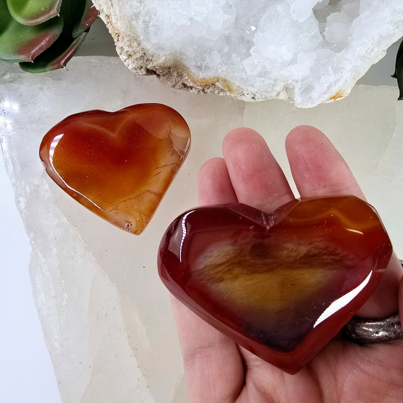 Carnelian Crystal Hearts - You Choose #2 variant A in hand for size reference with other variant on stone platter with props and plants in the background