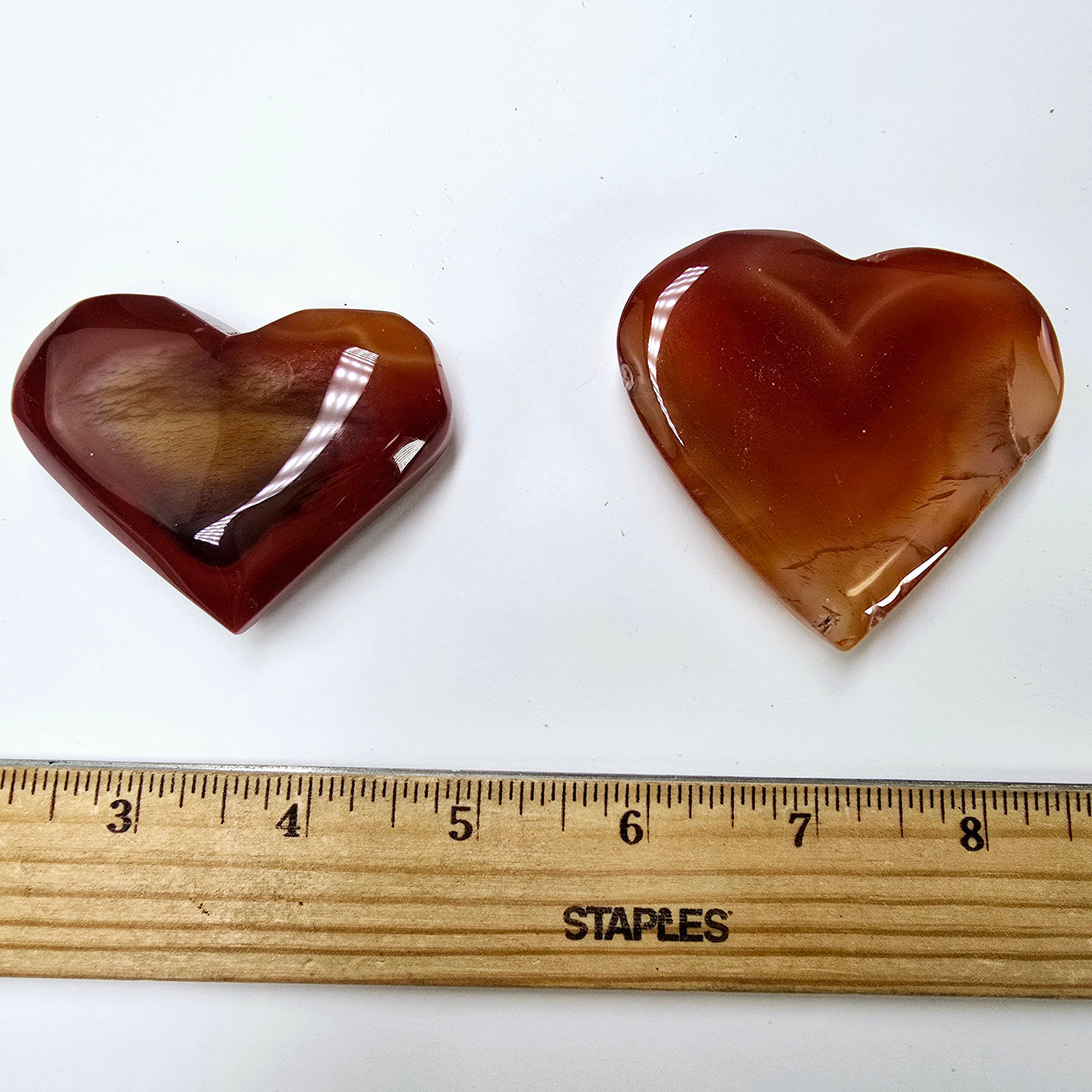 Carnelian Crystal Hearts - You Choose #2 both variants with ruler for size reference