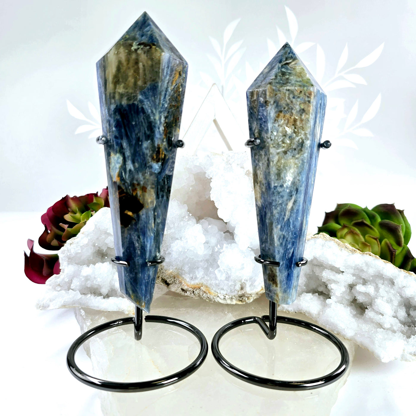 Blue Kyanite Crystal Wand on Stand - You Choose #2 both variants front view on stone platter with props and plants in the background