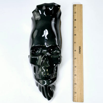 Rainbow Obsidian Large Skull Carving - One-of-a-Kind top view with ruler for size reference