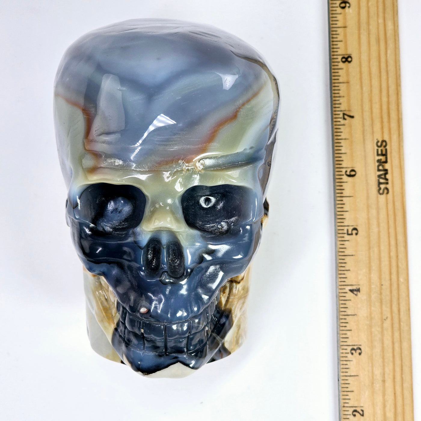 Lava Agate Crystal Skull Carving - One-of-a-Kind top view with ruler for size reference