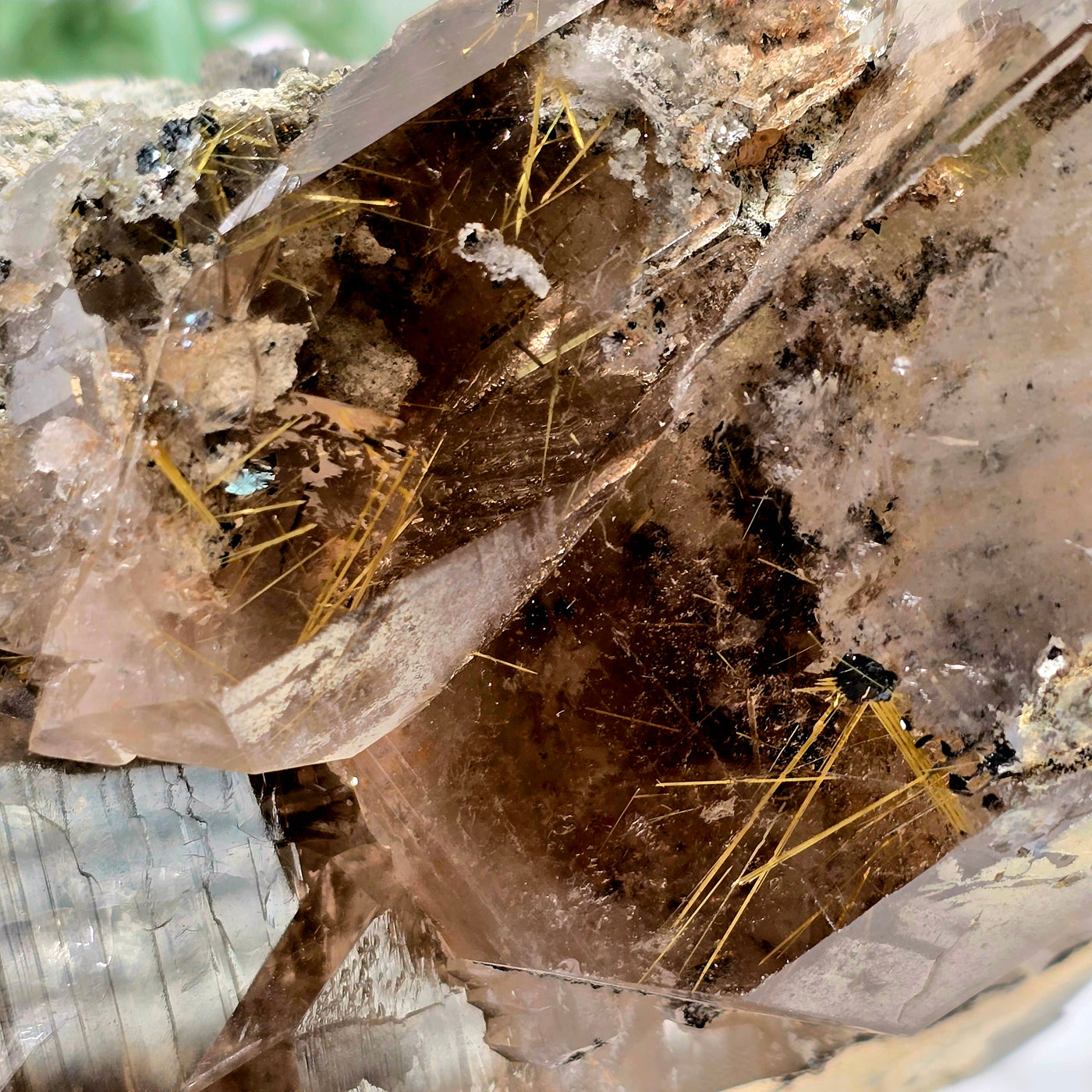 Rutilated Smokey Quartz - Large Crystal Cluster - One-of-a-Kind closeup for detail