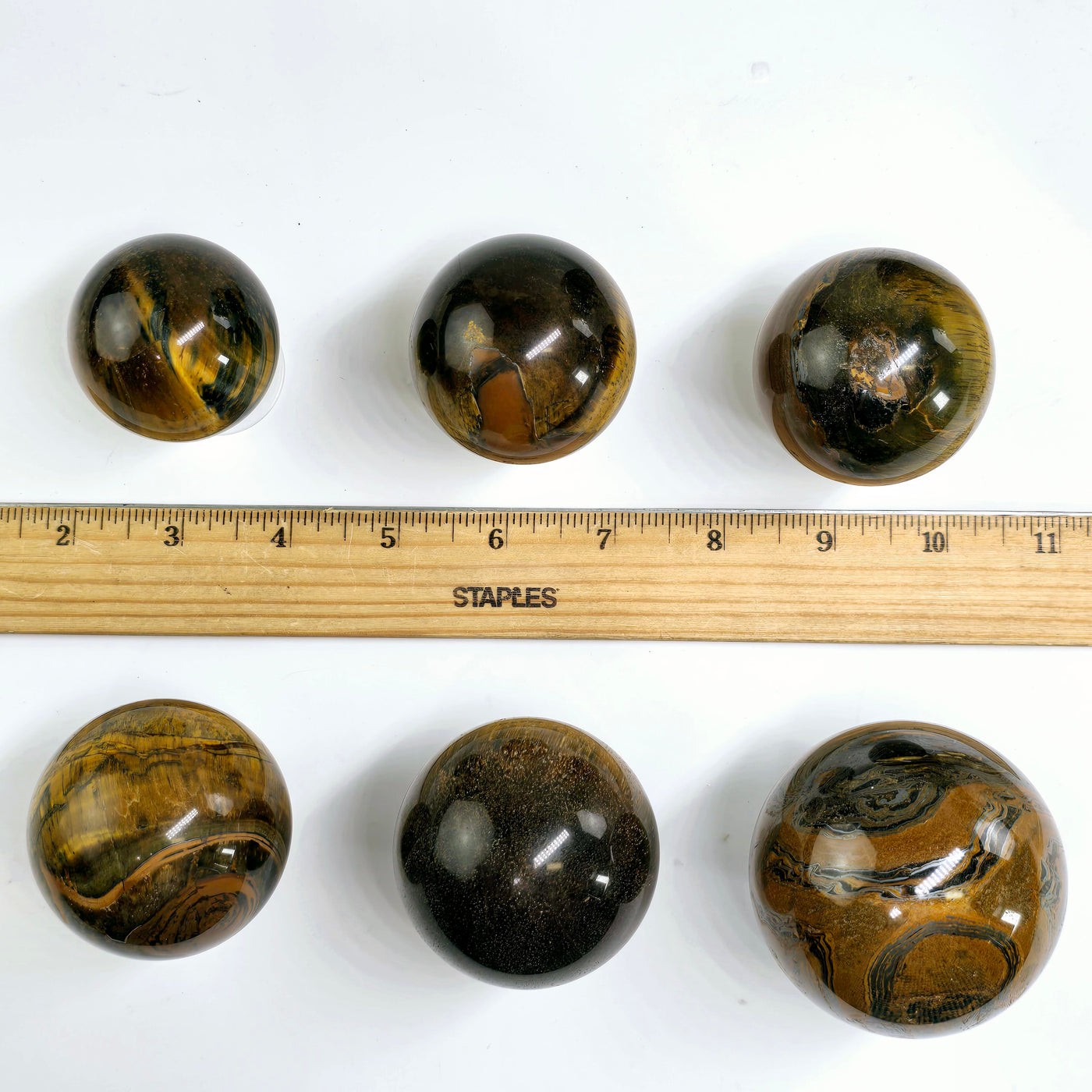 Tigers Eye Polished Crystal Sphere - You Choose all six variants with ruler for size reference