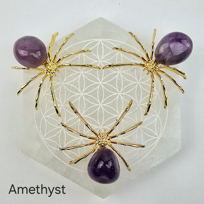 Crystal Spider - Gold-Toned Metal Spider with Tumbled Stone Body - You Choose Stone - Amethyst variant labeled