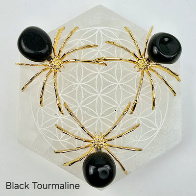 Crystal Spider - Gold-Toned Metal Spider with Tumbled Stone Body - You Choose Stone - Black Tourmaline variant labeled