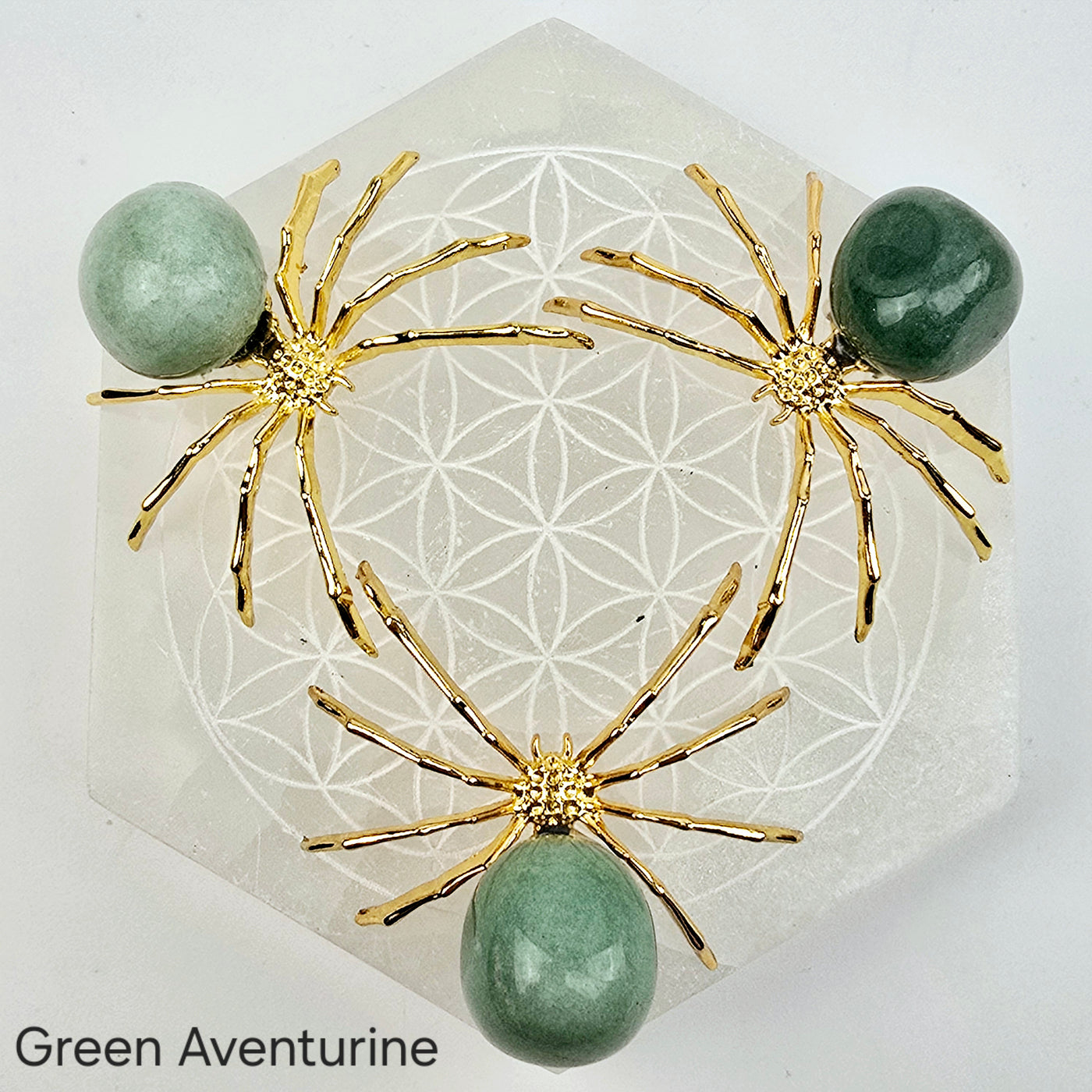 Crystal Spider - Gold-Toned Metal Spider with Tumbled Stone Body - You Choose Stone - Green Aventurine variant labeled