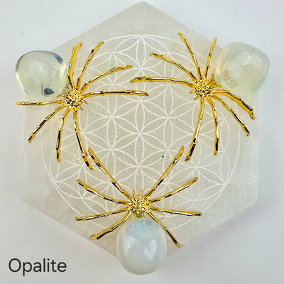 Crystal Spider - Gold-Toned Metal Spider with Tumbled Stone Body - You Choose Stone - Opalite variant labeled