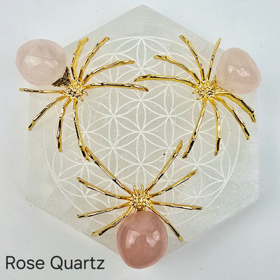 Crystal Spider - Gold-Toned Metal Spider with Tumbled Stone Body - You Choose Stone - Rose Quartz variant labeled