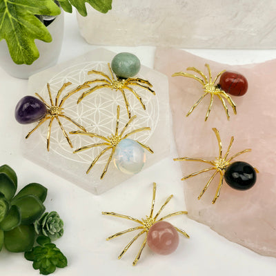 Crystal Spider - Gold-Toned Metal Spider with Tumbled Stone Body - You Choose Stone all variants on stone platters with props and plants in the background