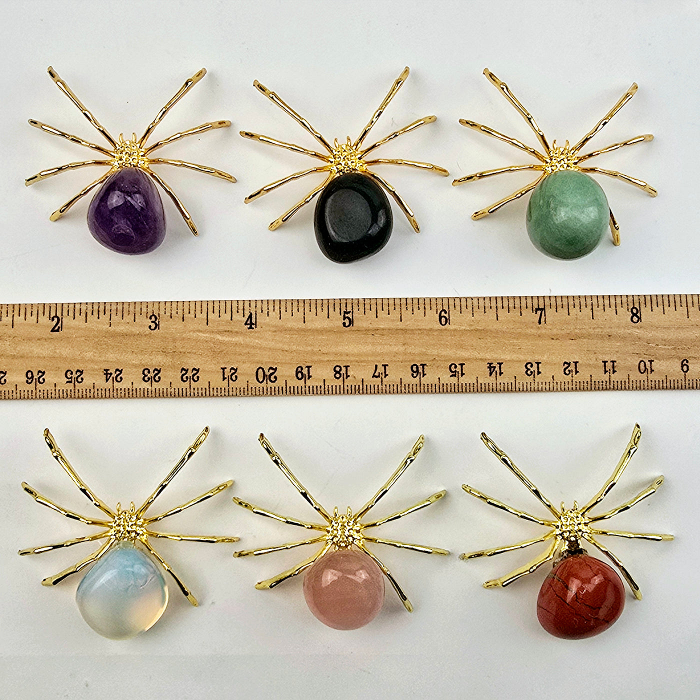 Crystal Spider - Gold-Toned Metal Spider with Tumbled Stone Body - You Choose Stone all variants with ruler for size reference