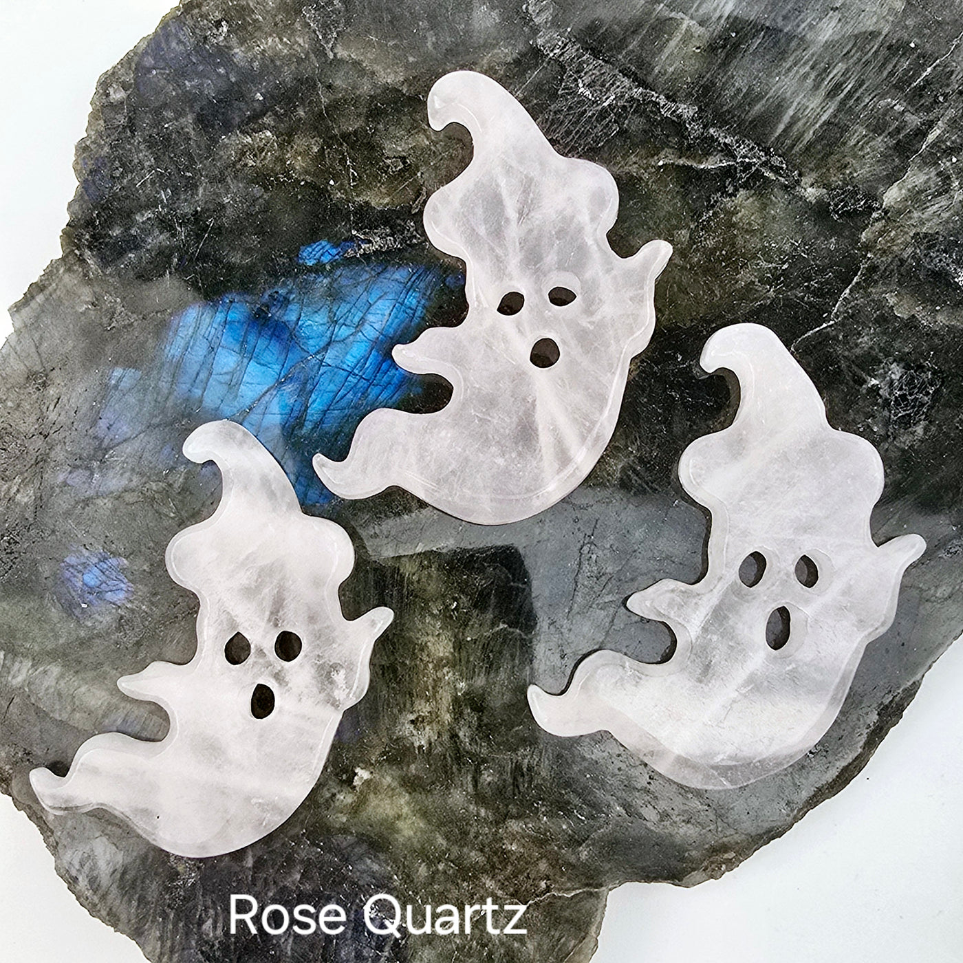 Crystal Ghost with Hat Carving - Halloween Decor - You Choose Stone - Rose Quartz variant labeled