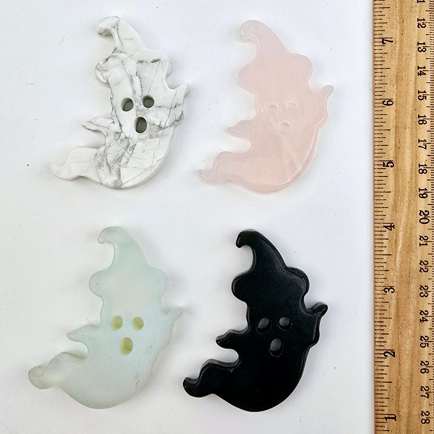 Crystal Ghost with Hat Carving - Halloween Decor - You Choose Stone - all variants with ruler for size reference