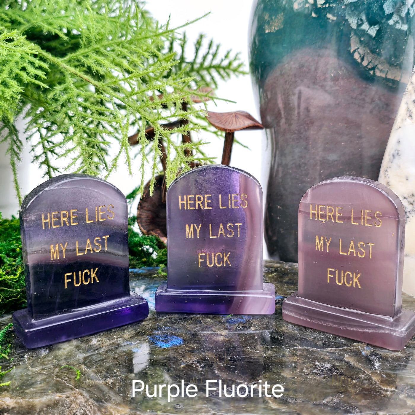 Crystal Gravestone with Engraved "Here Lies My Last F***" - You Choose Stone - Purple Fluorite variant labeled