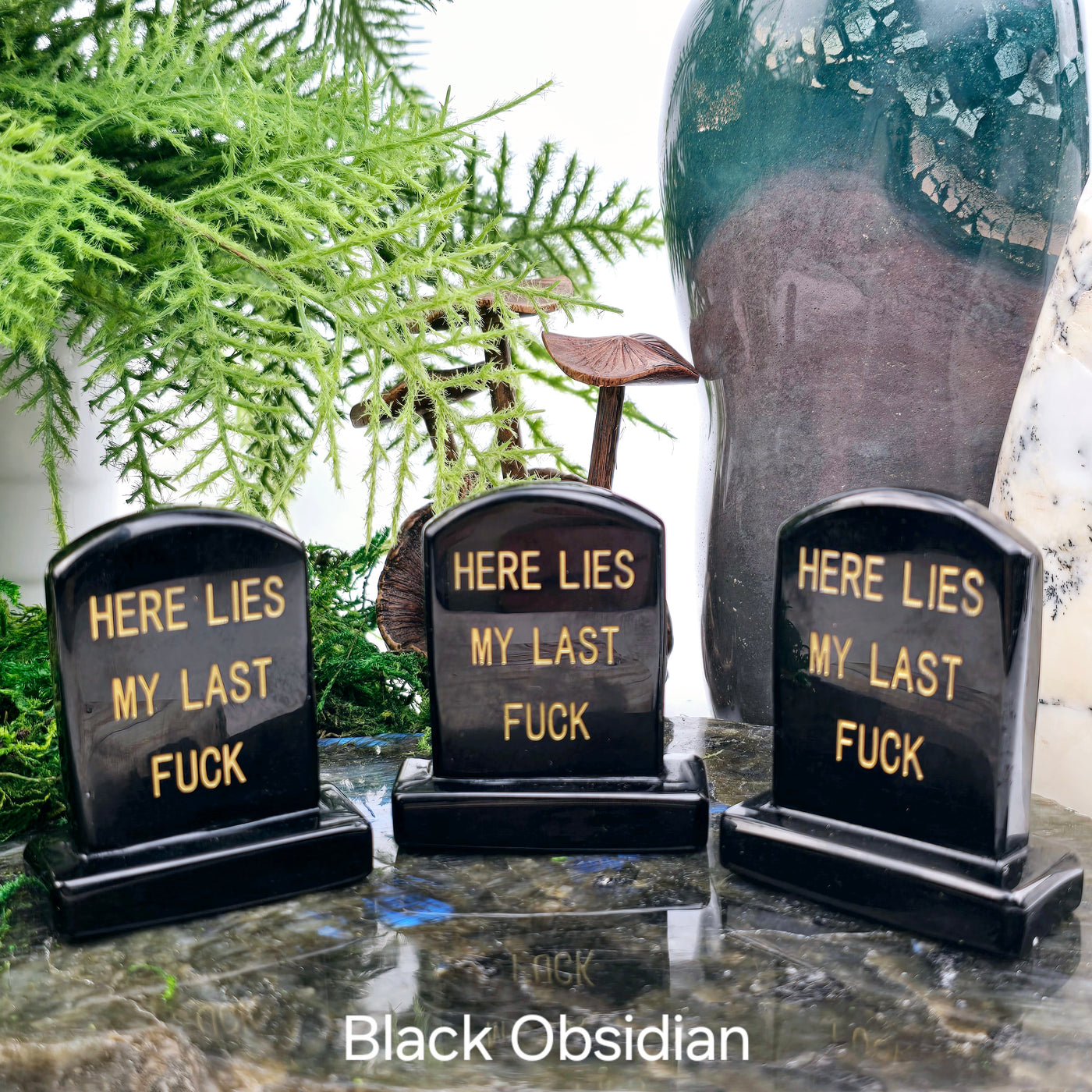 Crystal Gravestone with Engraved "Here Lies My Last F***" - You Choose Stone - Black Obsidian variant labeled