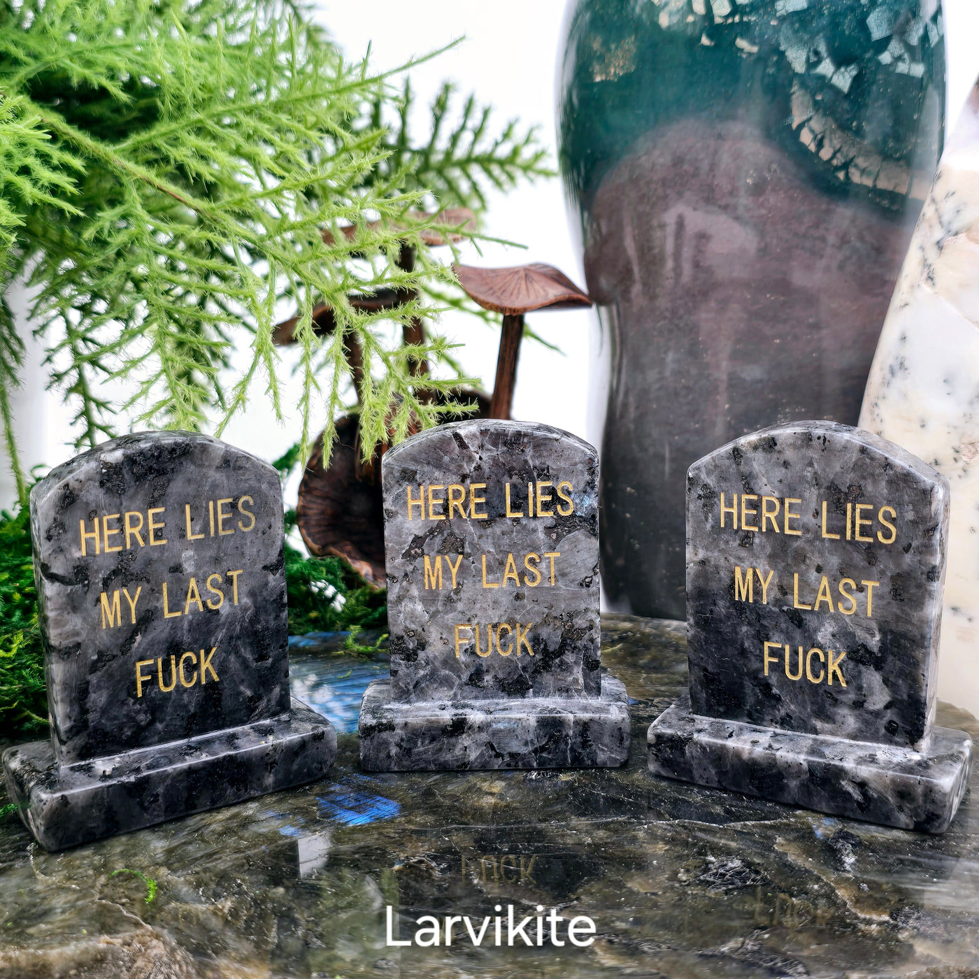 Crystal Gravestone with Engraved "Here Lies My Last F***" - You Choose Stone - Larvikite variant labeled