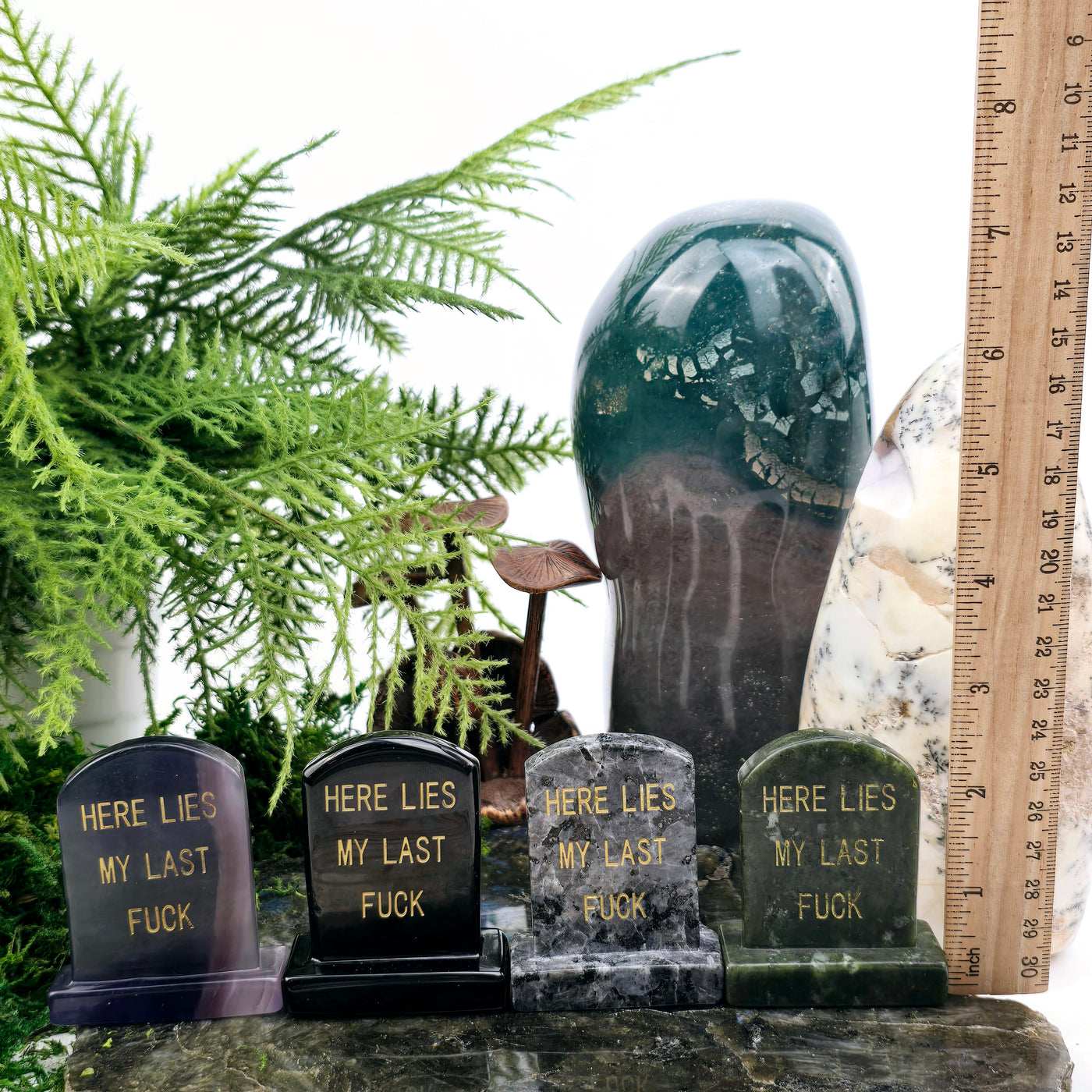 Crystal Gravestone with Engraved "Here Lies My Last F***" - You Choose Stone all variants with ruler for size reference