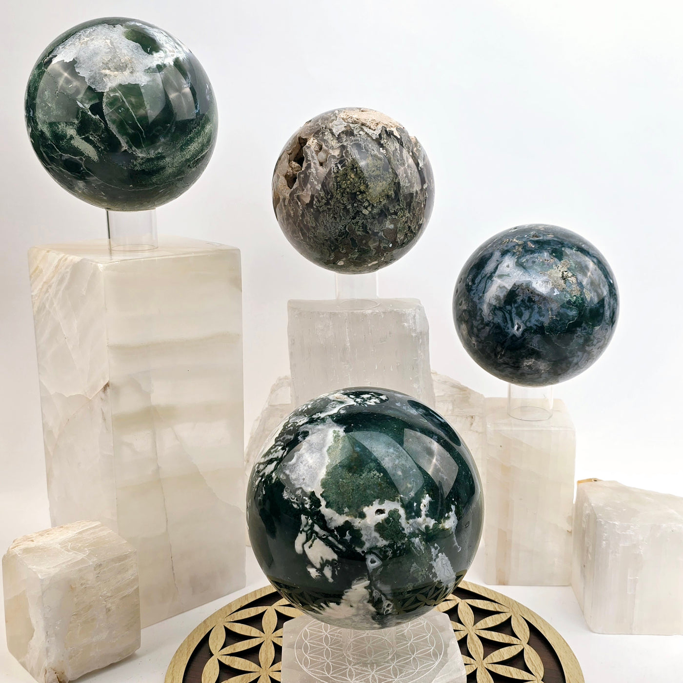 Moss Agate Large Crystal Spheres - You Choose all variants on acrylic sphere stands, variants 1, 2, and 3 on crystal pedestals and variant 4 on flower of life dish