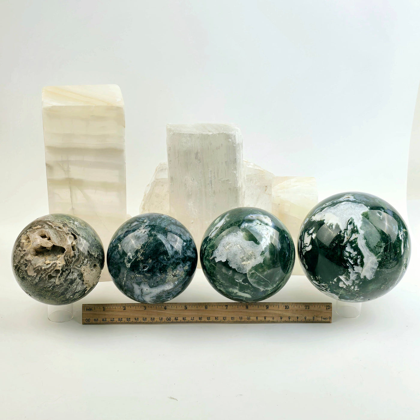 Moss Agate Large Crystal Spheres - You Choose all variants with ruler for size reference