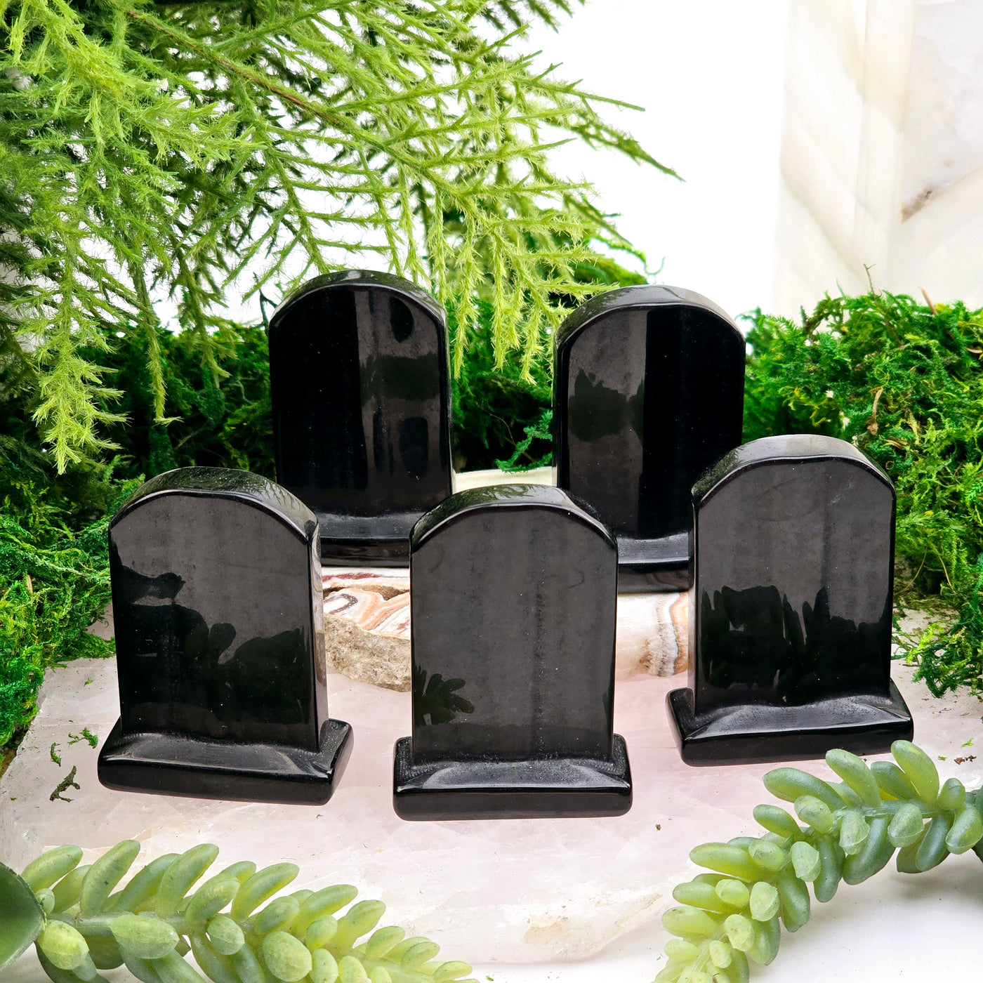 Black Obsidian Tombstone - Blank Crystal Gravestone - Halloween Decor - 5 stones on stone platters with plants and props in the background