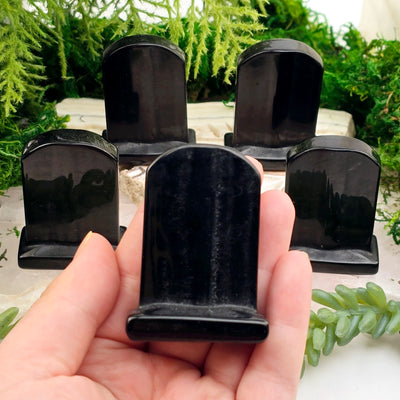 Black Obsidian Tombstone - Blank Crystal Gravestone - Halloween Decor in hand for size reference