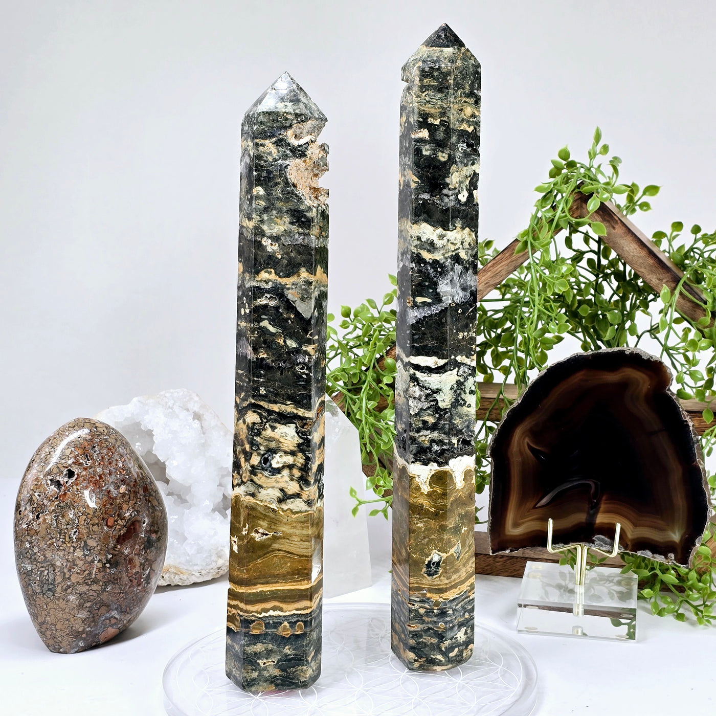 Ocean Jasper Polished Crystal Tower - You Choose #3 - both towers on flower of life grid acrylic plate with props and plants in the background