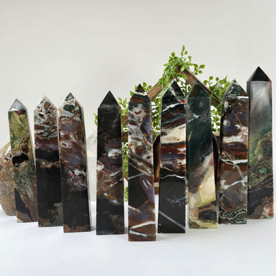 Ocean Jasper Polished Crystal Tower - You Choose #2 all variants with props and plants in the background