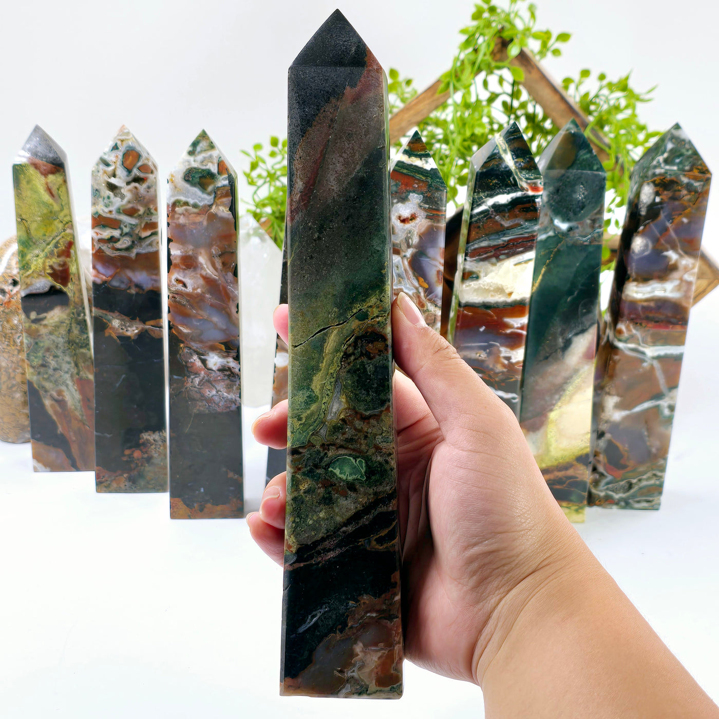 Ocean Jasper Polished Crystal Tower - You Choose #2 - variant 9 in hand for size reference with other variants in the background with props and plants