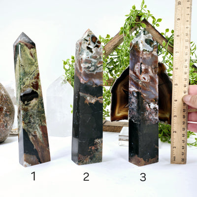 Ocean Jasper Polished Crystal Tower - You Choose #2 variants 1, 2, and 3 labeled with ruler for sizer reference