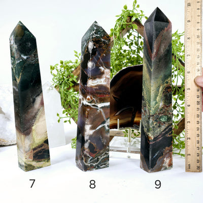 Ocean Jasper Polished Crystal Tower - You Choose #2 variants 7, 8, and 9 labeled with ruler for sizer reference