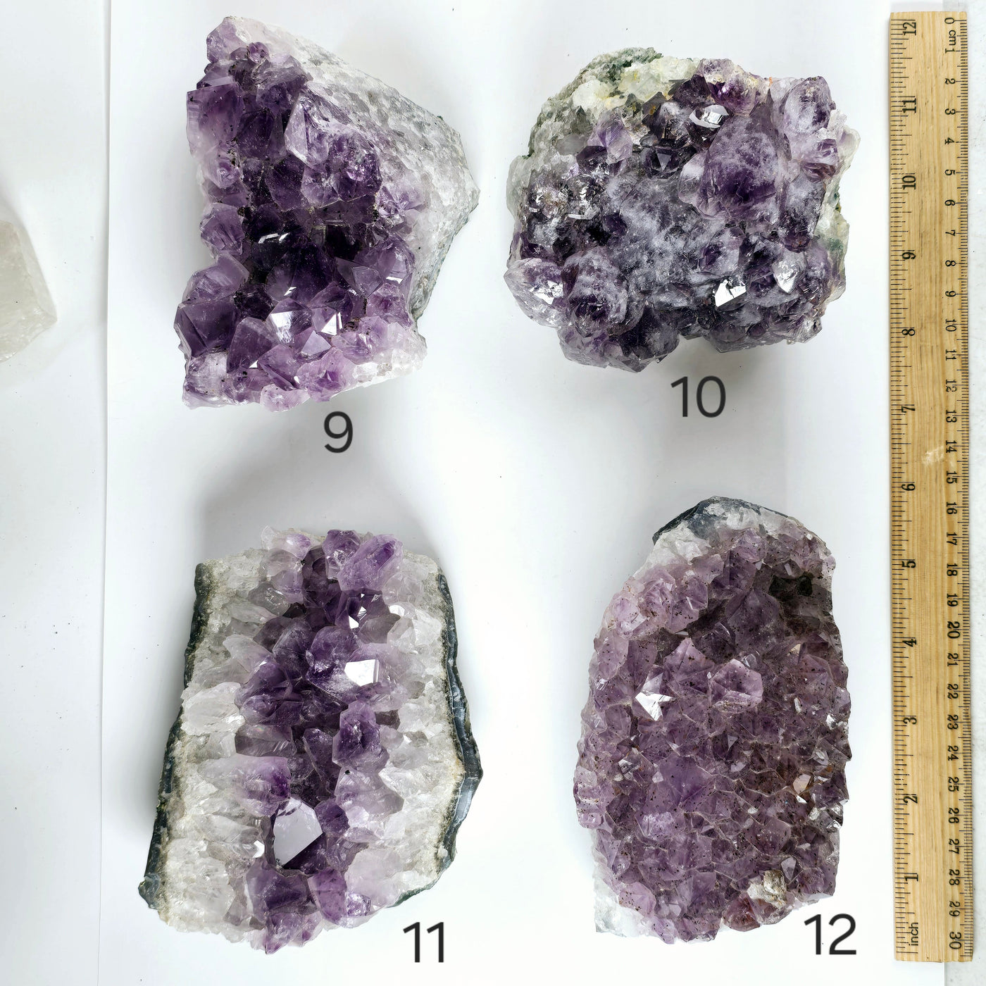 Amethyst - Rough Natural Crystal Cluster - You Choose variants 9, 10, 11, and 12 labeled with ruler for size reference top view