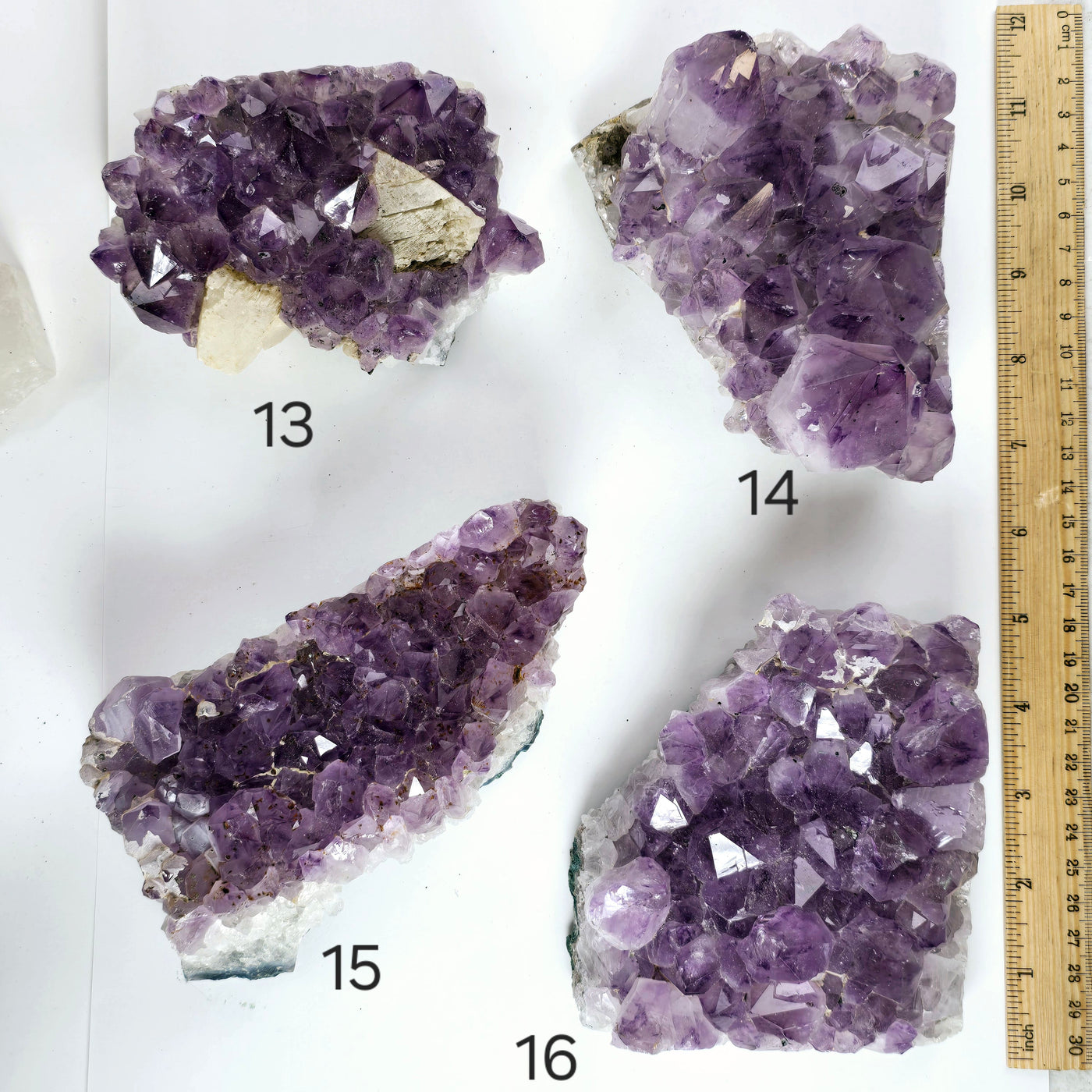 Amethyst - Rough Natural Crystal Cluster - You Choose variants 13, 14, 15, and 16 labeled with ruler for size reference top view