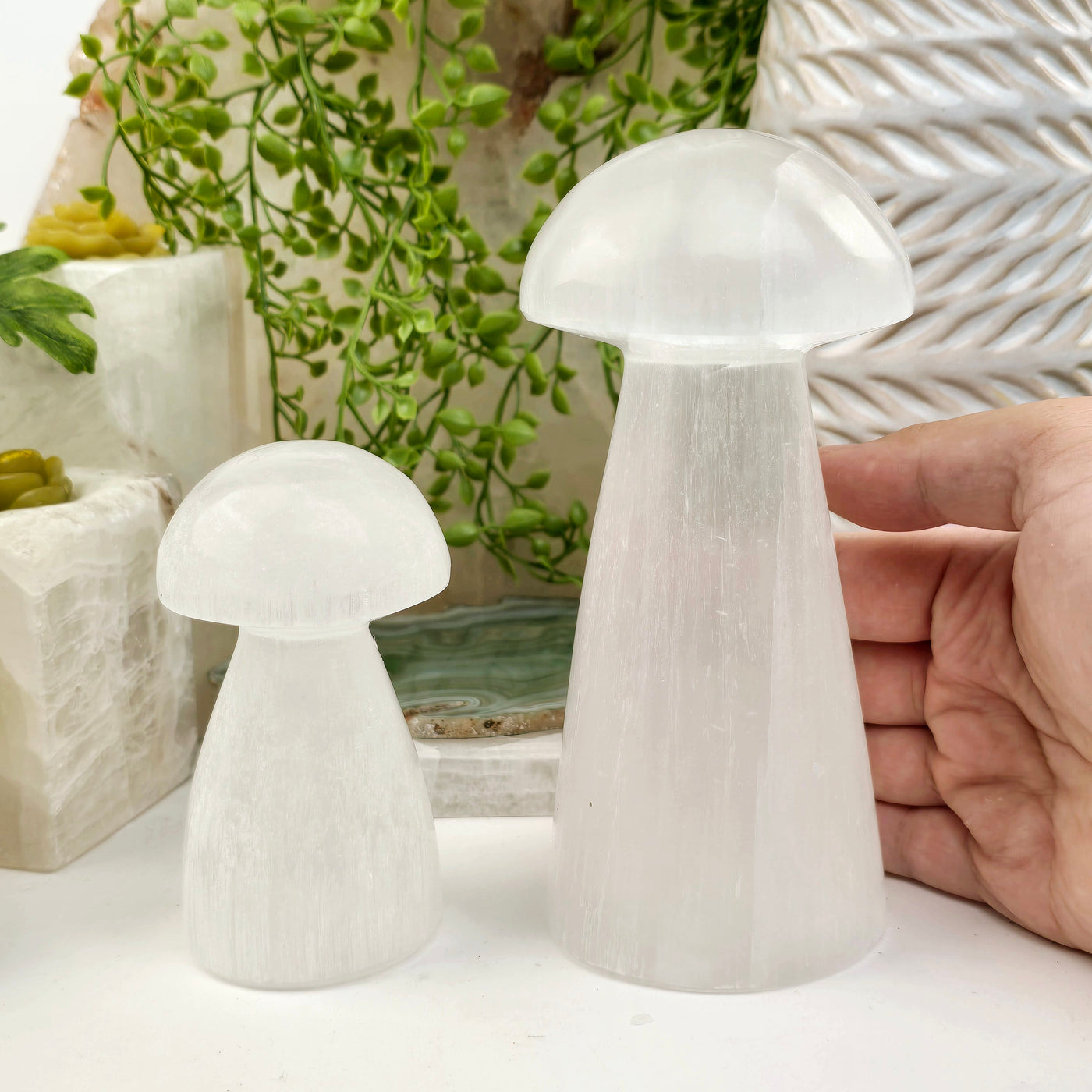 Selenite Crystal Mushroom - By Size both variants with hand for size reference