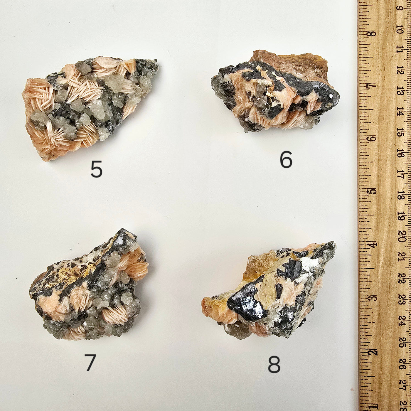 Pink Barite with Galena and Cerussite Crystal Specimen from Morocco - You Choose #2 variants 5, 6, 7, and 8 labeled with ruler for size reference