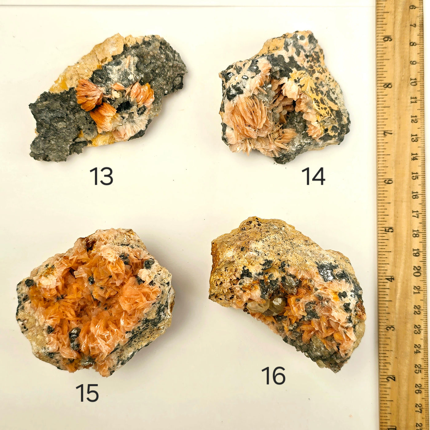 Pink Barite with Galena and Cerussite Crystal Specimen from Morocco - You Choose #2 variants 13, 14, 15, and 16 labeled with ruler for size reference