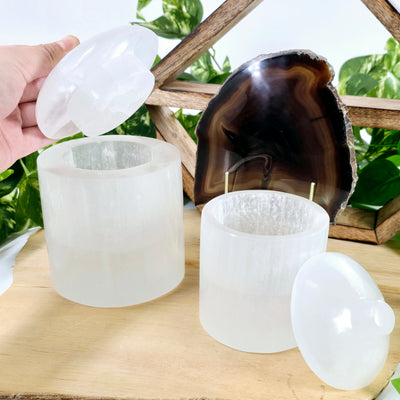 Selenite Crystal Jar with Lid - By Size - a small empty jar with the lid propped against it and a larger empty jar with a hand raising the lid for size reference on wooden surface with props and plants in the background