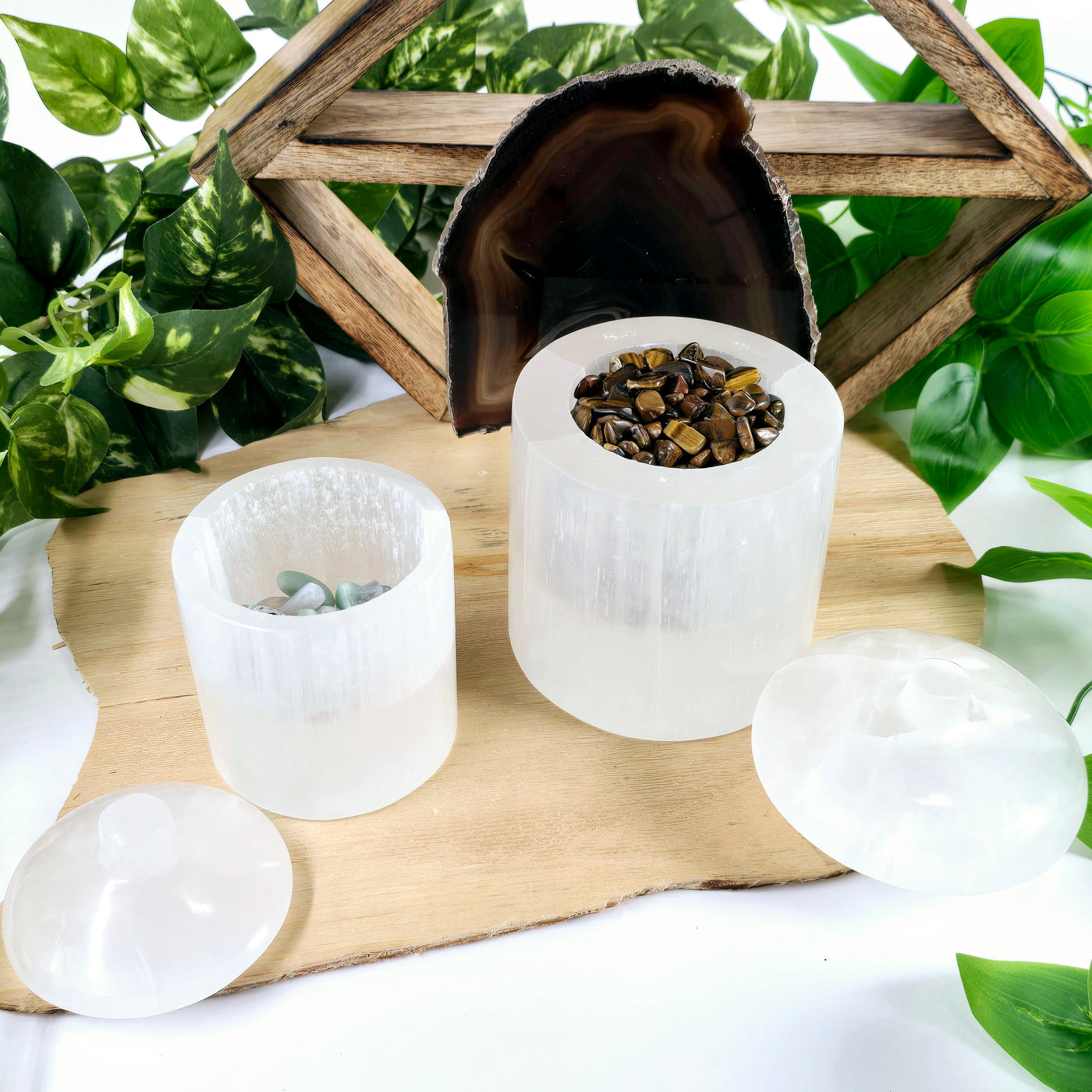 Selenite Crystal Jar with Lid - By Size - shown with tumbled stones in hole to display example of usage