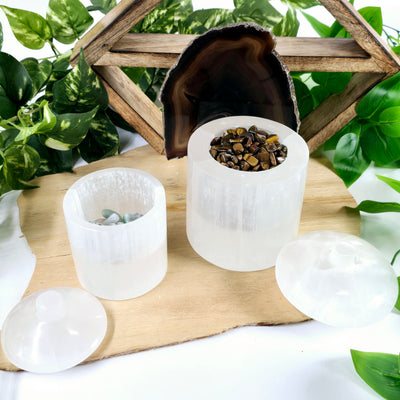 Selenite Crystal Jar with Lid - By Size - shown with tumbled stones in hole to display example of usage