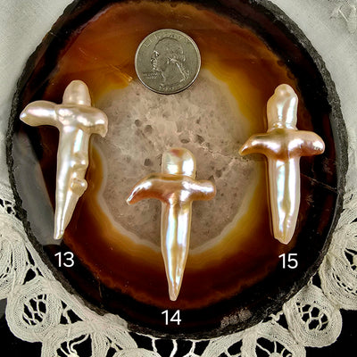 Cross Shaped Freshwater Pearl - Undrilled - You Choose variants 13, 14, and 15 labeled with quarter for size reference on natural agate slice over a white doily on black acrylic background