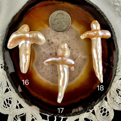 Cross Shaped Freshwater Pearl - Undrilled - You Choose variants 16, 17, and 18 labeled with quarter for size reference on natural agate slice over a white doily on black acrylic background